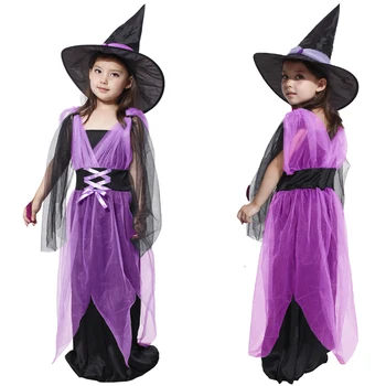 Halloween Fialová Bat Čarodejnice Šaty s pokrývku hlavy Klobúk Fantázie Dievča Kostým Deti Cosplay Tanečné Vianoce, Karneval, Party