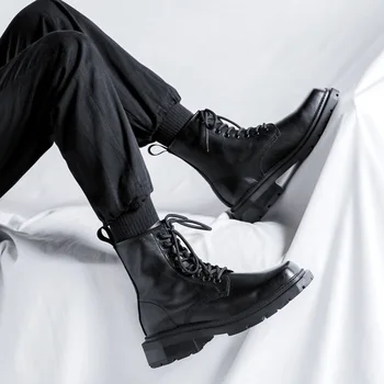 Muži Japonsko Kórejská Streetwear Módy Bežné Štvorcové Prst Topánky Topánky Muž Black Punk Gotický Vonkajšie Kožené Motocykel Topánky Topánky